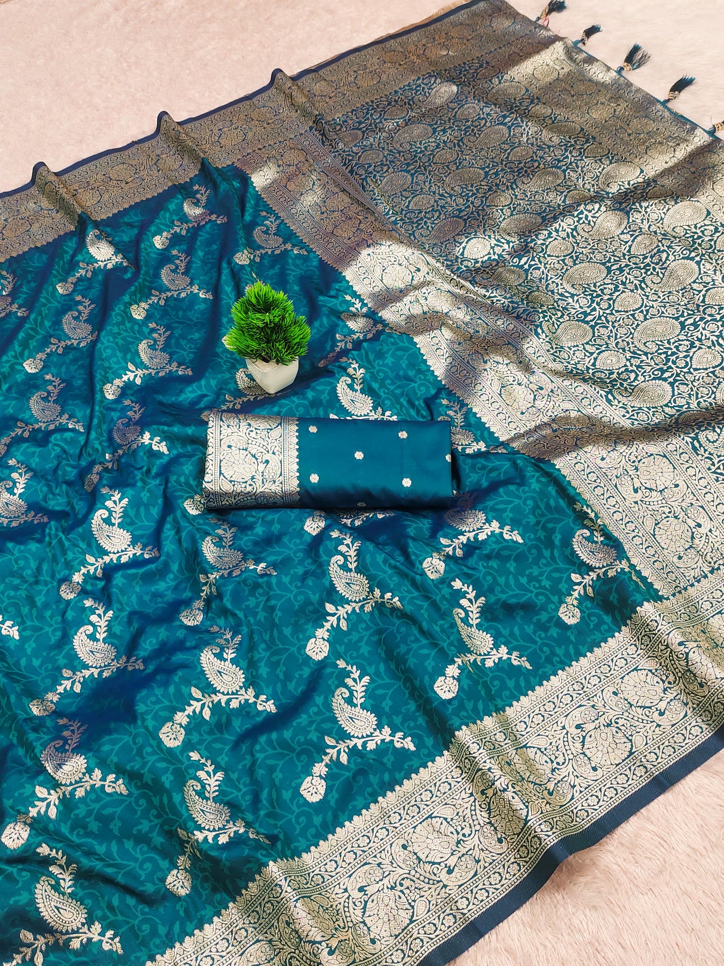 Soft Banarasi Silk Saree with Meenakari Touch – Rich Zari Weaving & Tassel Pallu