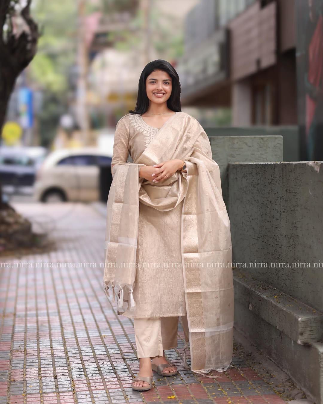 🌟 Subtle Elegance - Light Brown Embroidered Kurta Set with Foil Work Dupatta 🌟