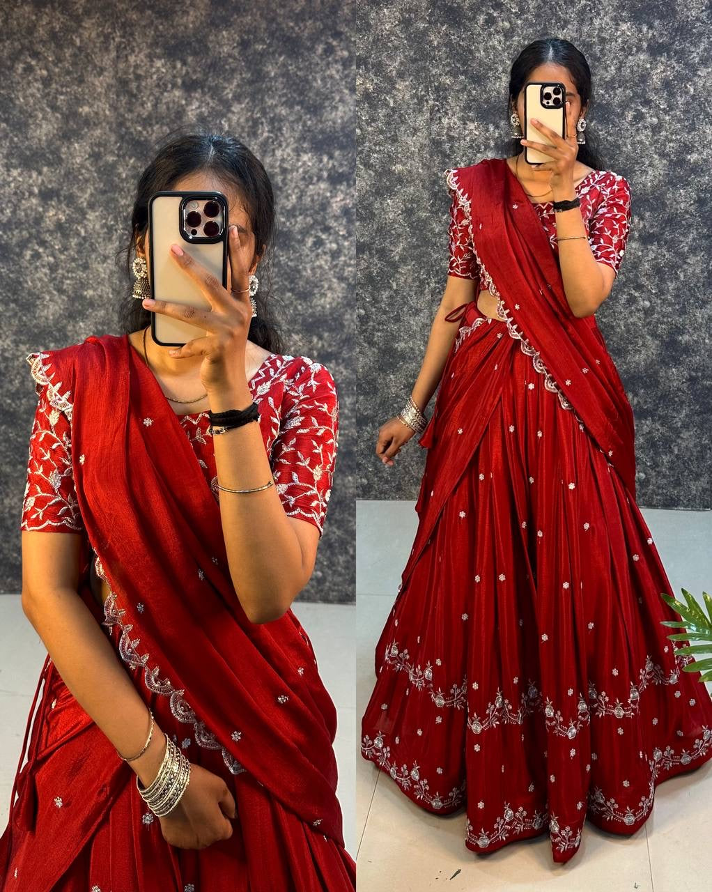 Embroidered Chinnon Silk Lehenga Set with Dupatta – Stitched