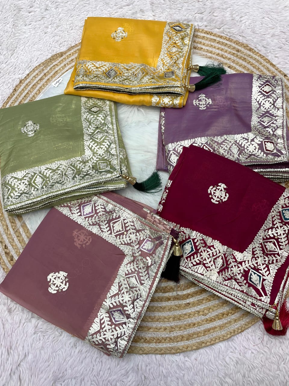 Bollywood Style Gold Crush Saree with Silver Border & Designer Blouse