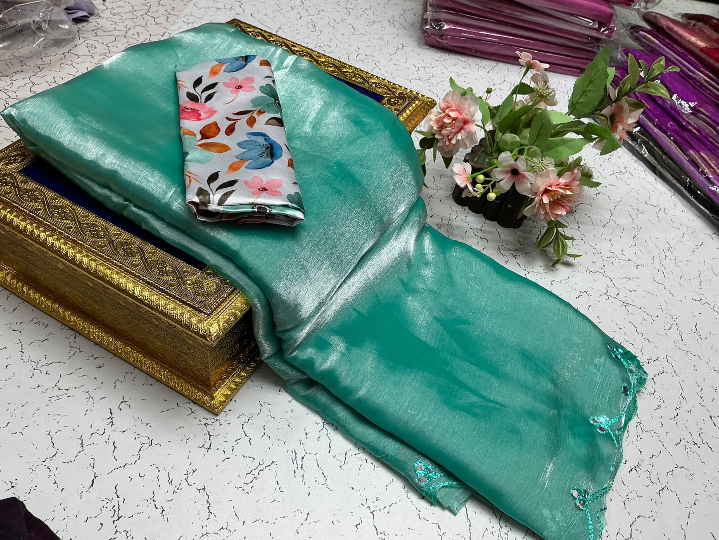 Plain Tissue Soft Silk Saree with Border Chamki Work & Garden Blouse
