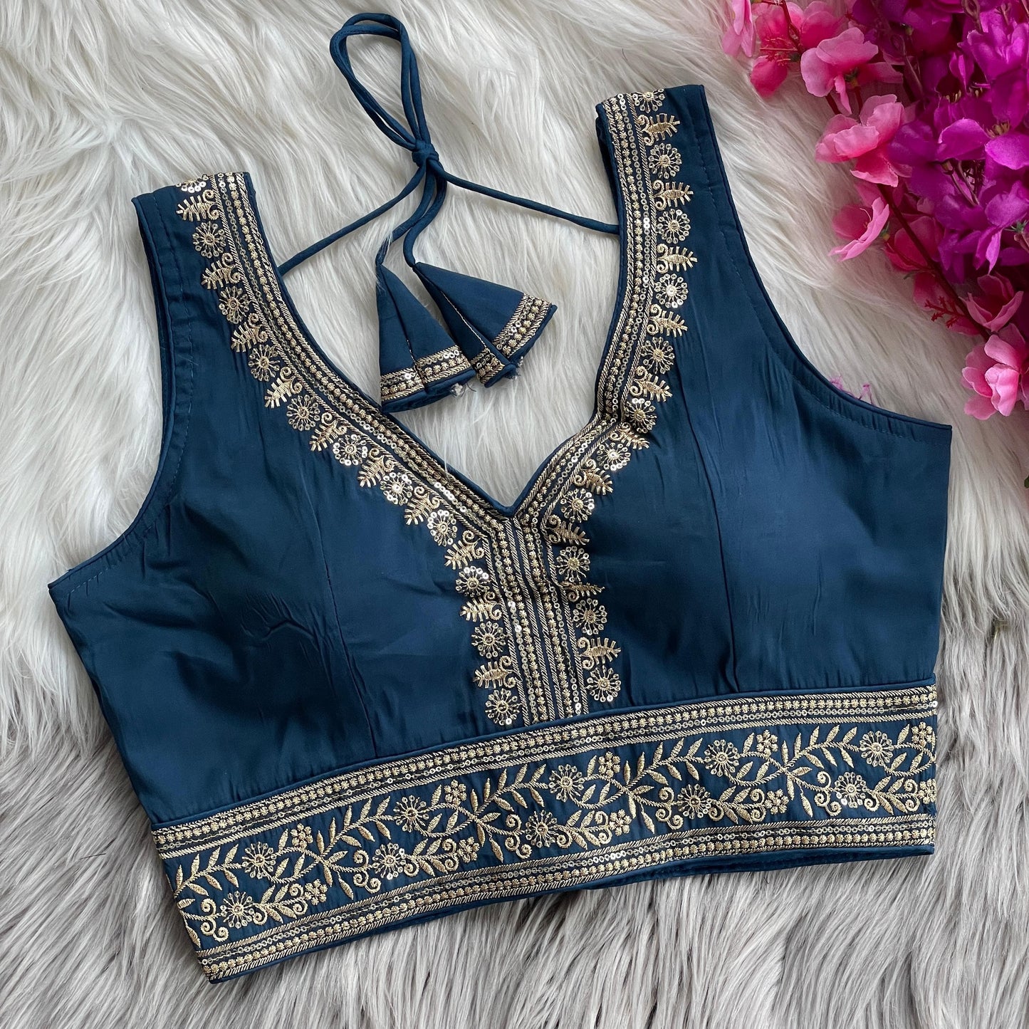 ✨ Elegant Roman Silk Embroidered Blouse – Sequins & Thread Work
