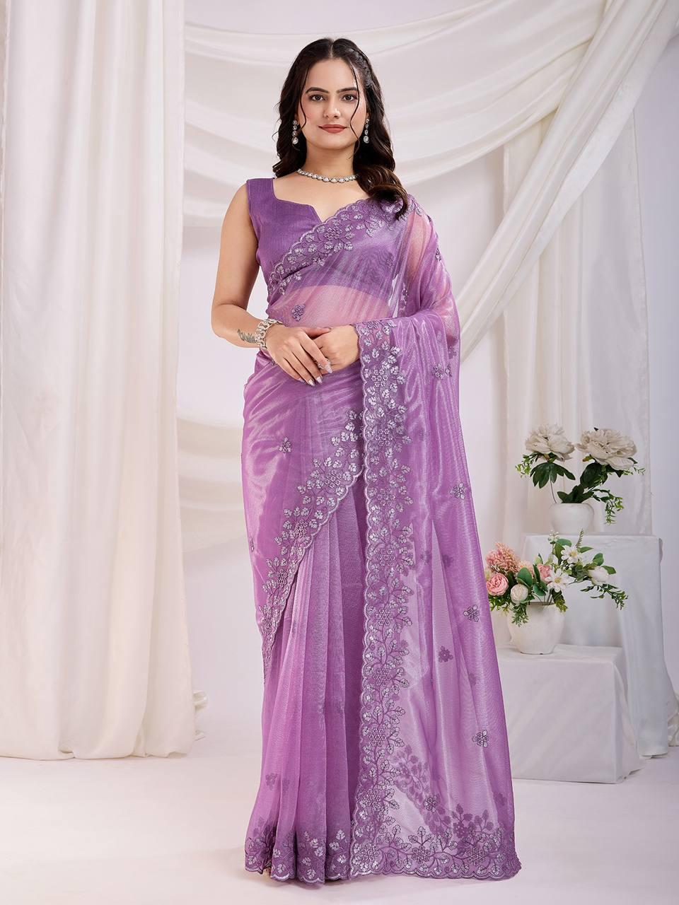 Cocktail Party Wear Twill Net Saree with Sequins Embroidery and Digital Print