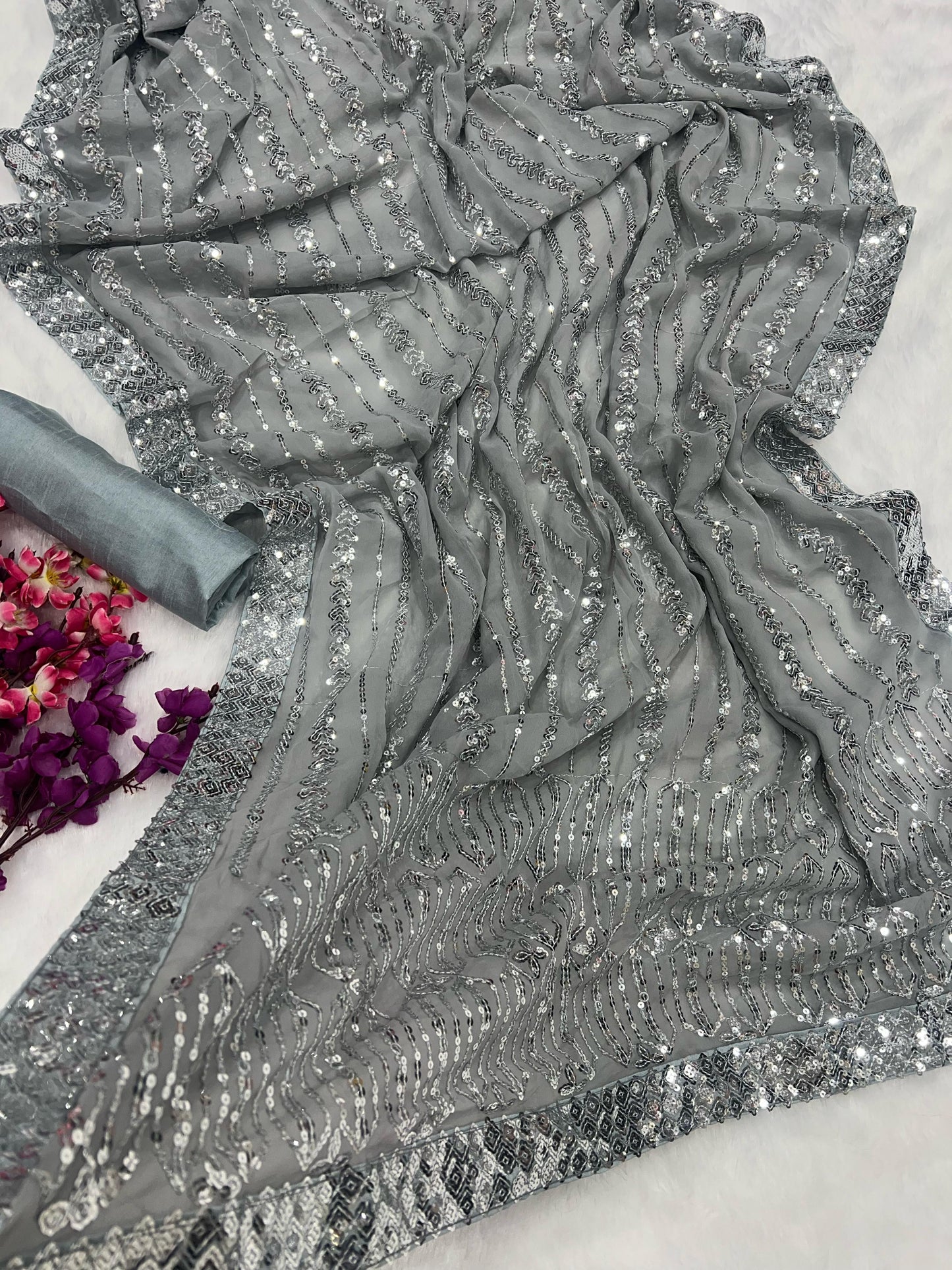 Premium Silver Sequin Embroidered Georgette Saree with Mono Banglori Blouse