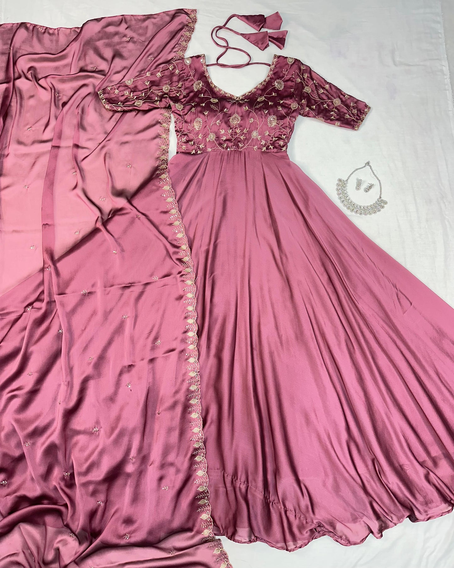 Ambika Silk Embroidered Gown Set with Dupatta – Festive Special (Copy)