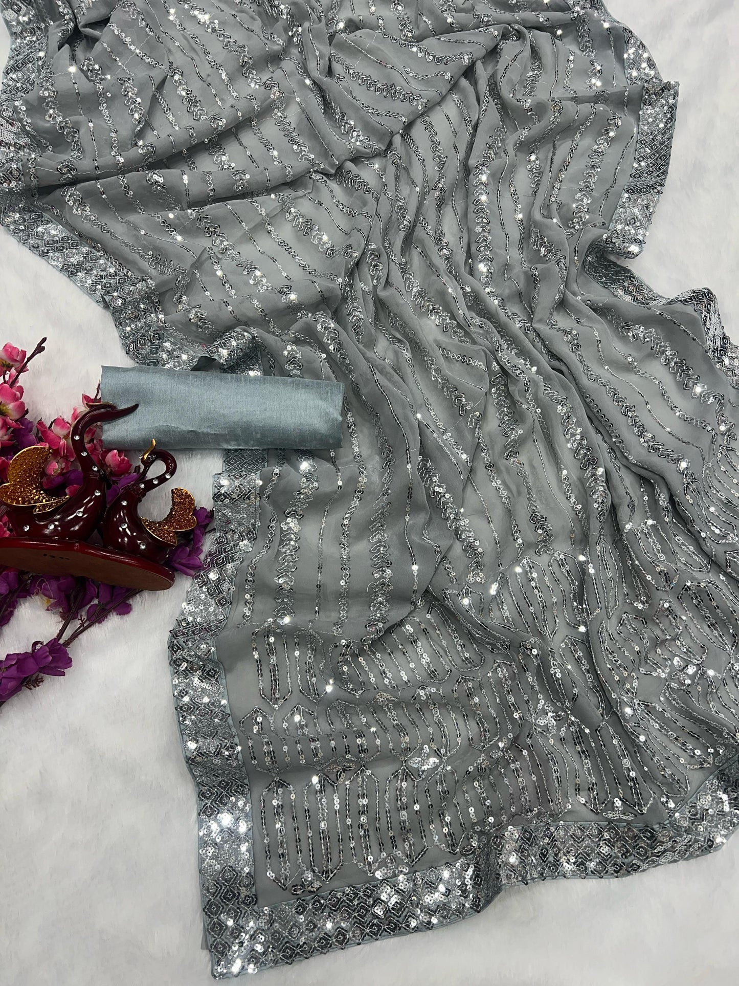 Premium Silver Sequin Embroidered Georgette Saree with Mono Banglori Blouse