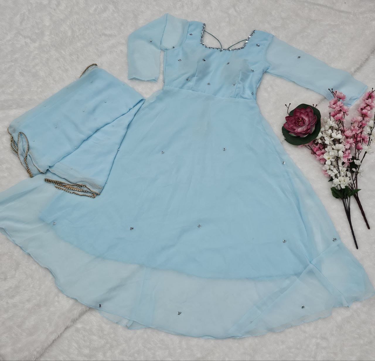 💙✨ Sky Blue Handwork Anarkali Suit Set – Fox Georgette Elegance