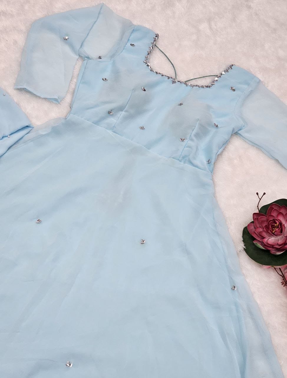 💙✨ Sky Blue Handwork Anarkali Suit Set – Fox Georgette Elegance