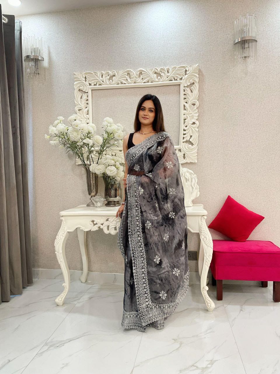 Burberry Spray Print Designer Saree with 3mm Sequence Work