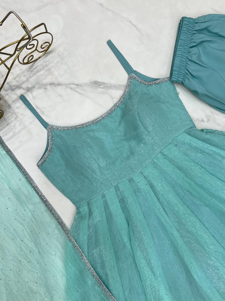 ✨ Elegant Crunchy Silk Anarkali Gown Set with Siroksi Work – Ready to Wear