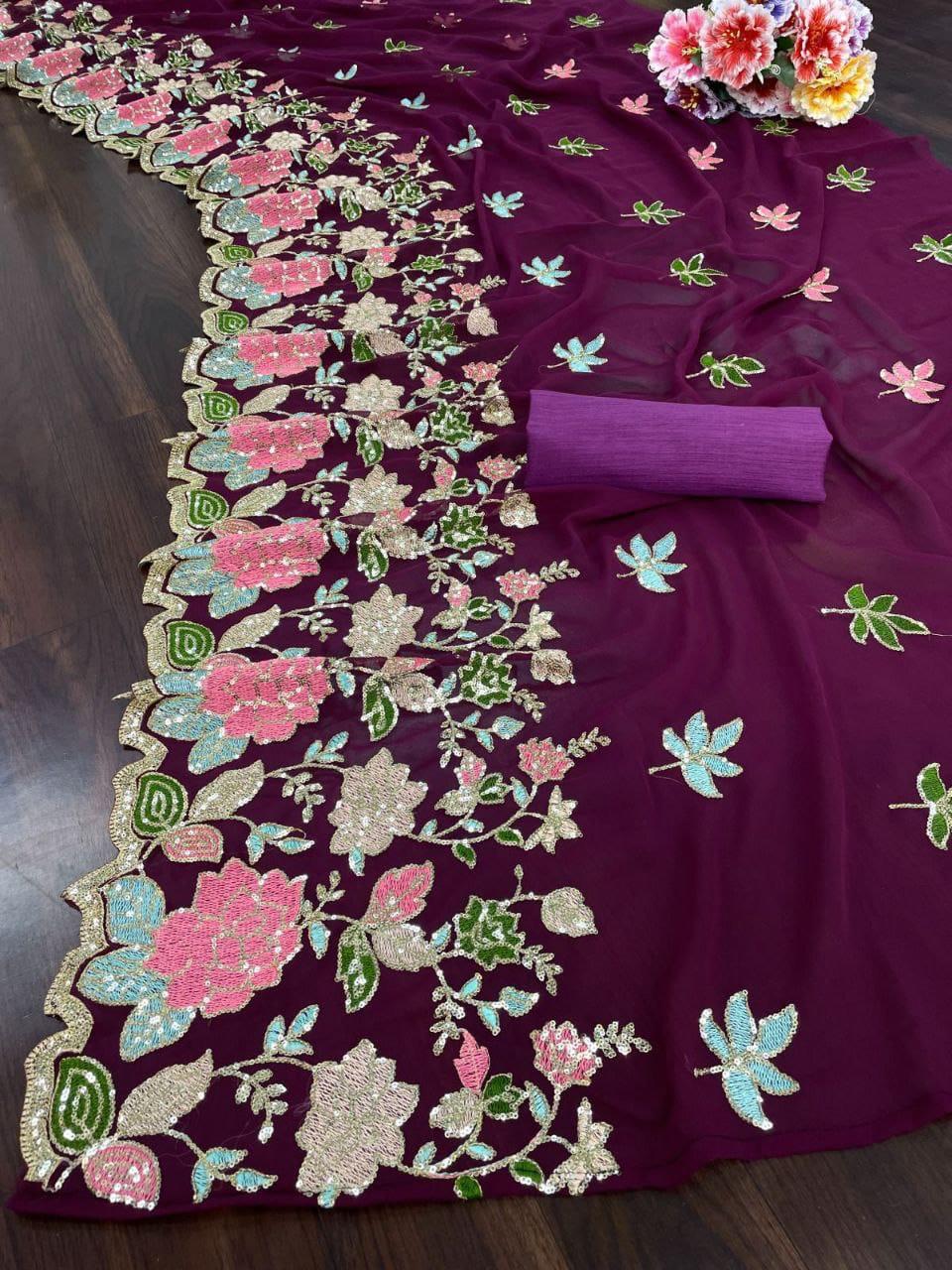 Designer Floral Sequin & Multicolor Embroidered Soft Georgette Saree