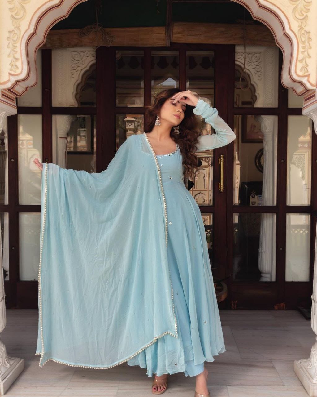 💙✨ Sky Blue Handwork Anarkali Suit Set – Fox Georgette Elegance