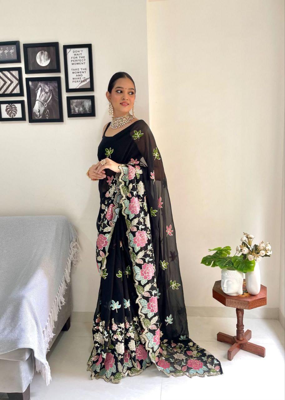 Designer Floral Sequin & Multicolor Embroidered Soft Georgette Saree