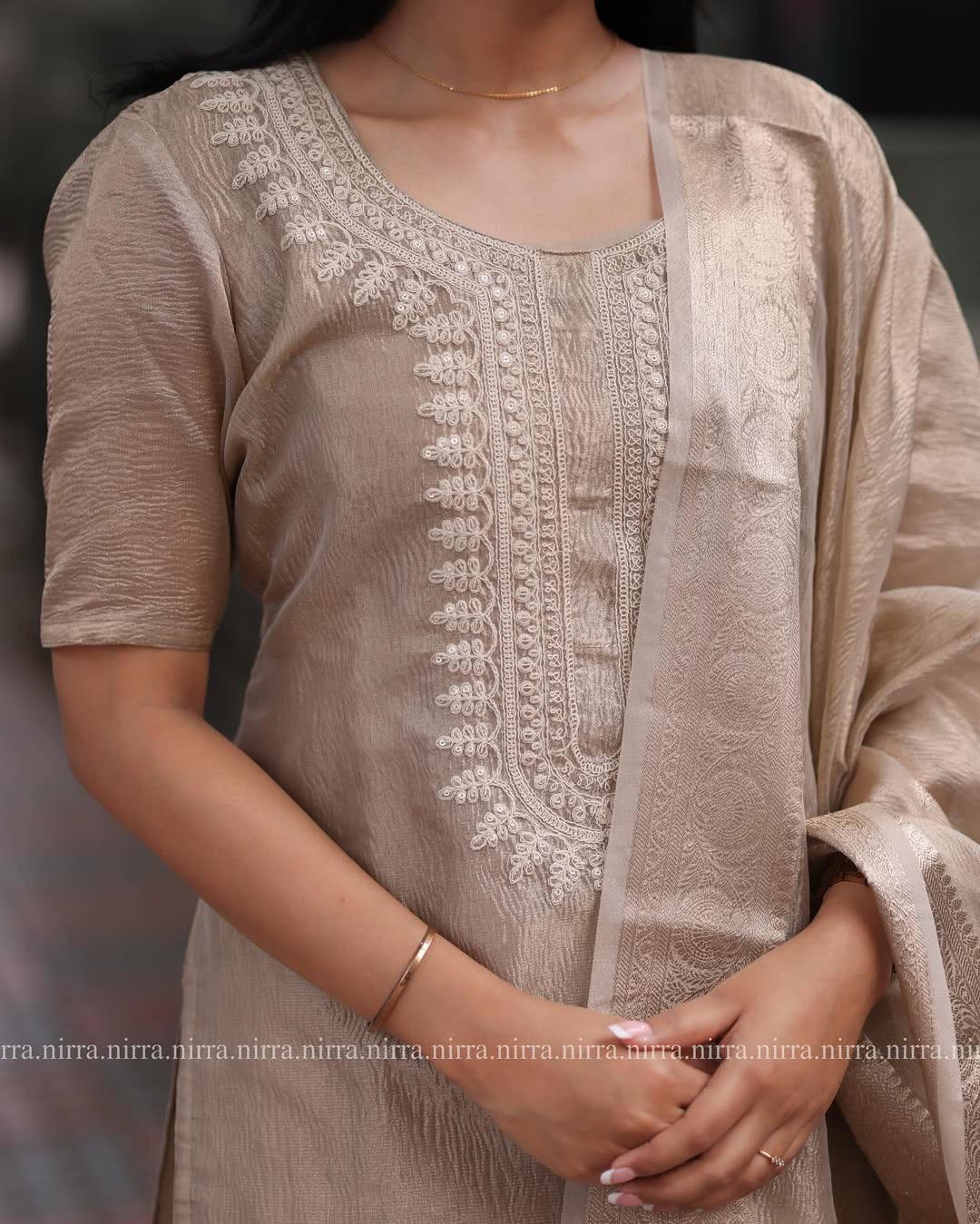🌟 Subtle Elegance - Light Brown Embroidered Kurta Set with Foil Work Dupatta 🌟