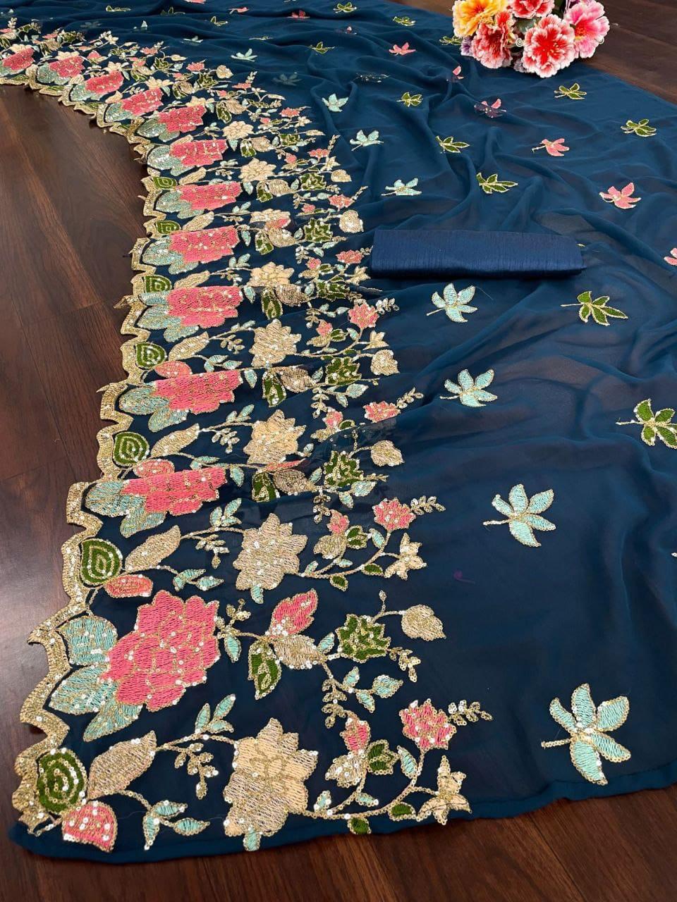 Designer Floral Sequin & Multicolor Embroidered Soft Georgette Saree