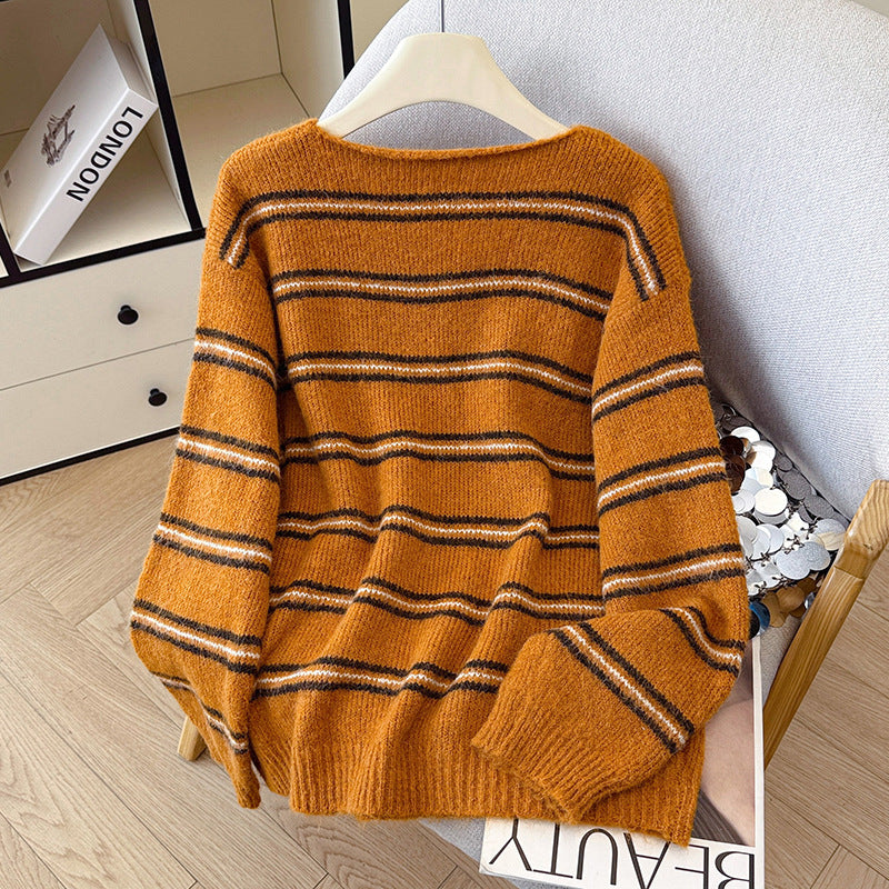 Chic Color-blocked Half-open Collar Knit Sweater for Women