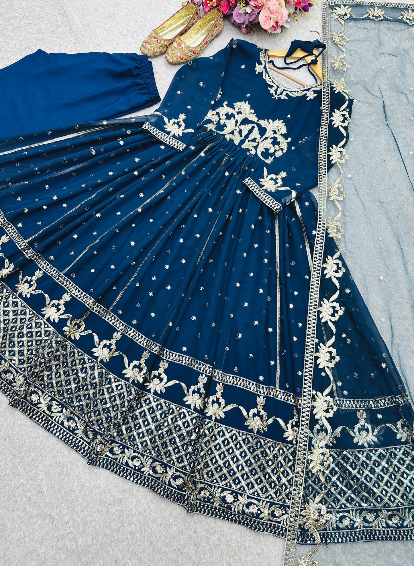 🌟 Heavy Pure Fox Georgette Embroidered Gown Set (Fully Stitched – 3pc Set)