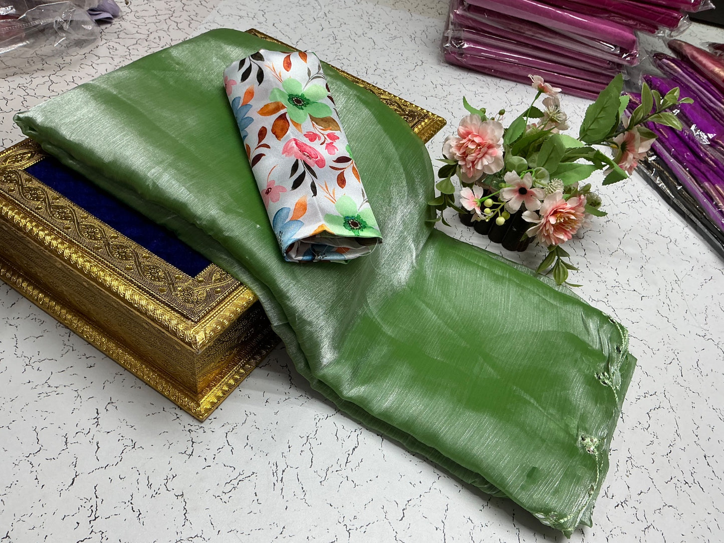 Plain Tissue Soft Silk Saree with Border Chamki Work & Garden Blouse