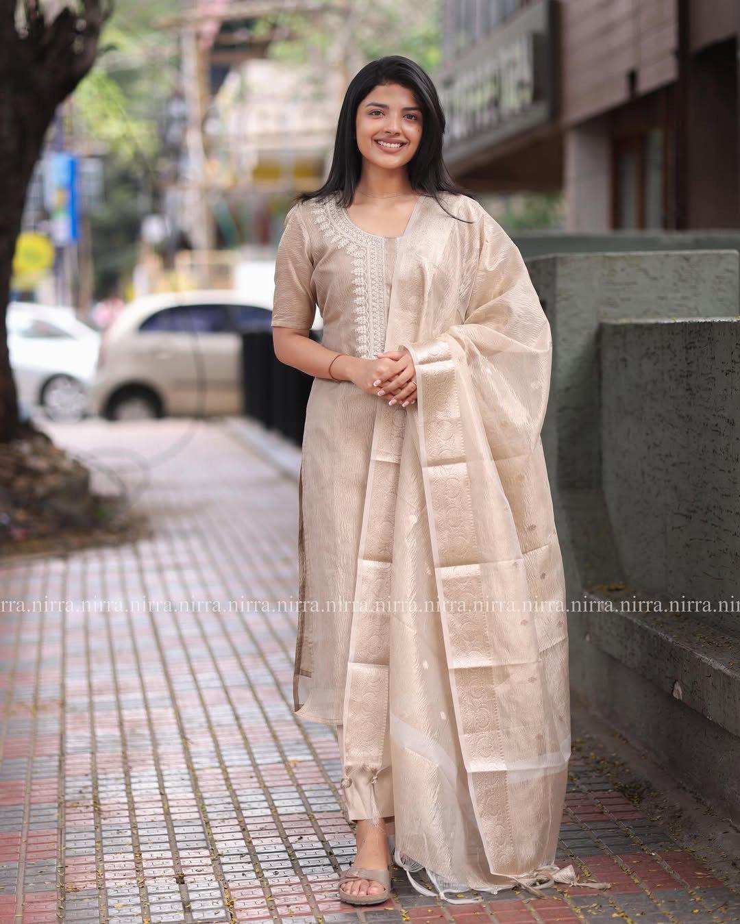 🌟 Subtle Elegance - Light Brown Embroidered Kurta Set with Foil Work Dupatta 🌟