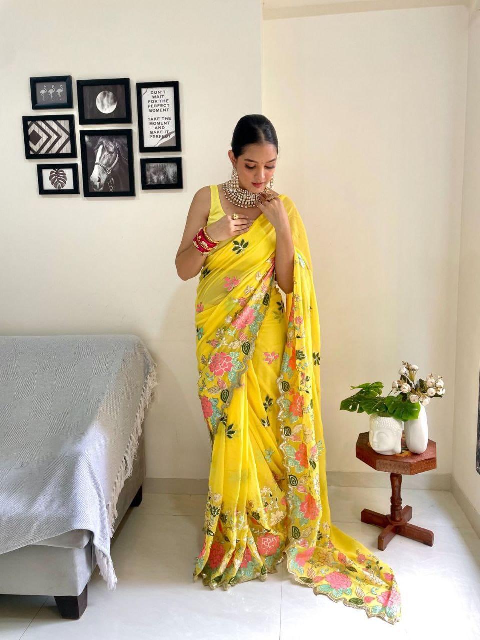 Designer Floral Sequin & Multicolor Embroidered Soft Georgette Saree