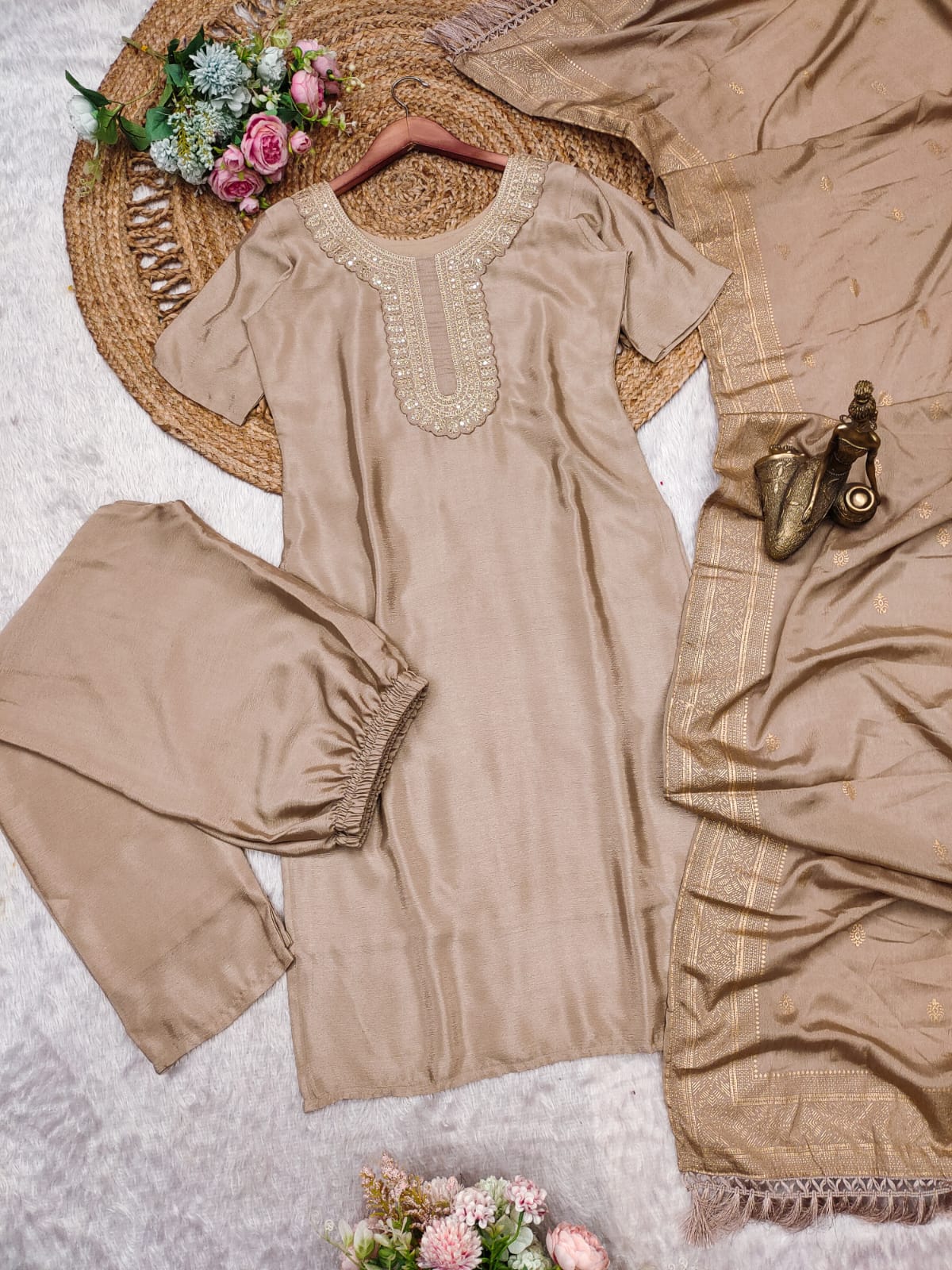 🌟 Subtle Elegance - Light Brown Embroidered Kurta Set with Foil Work Dupatta 🌟
