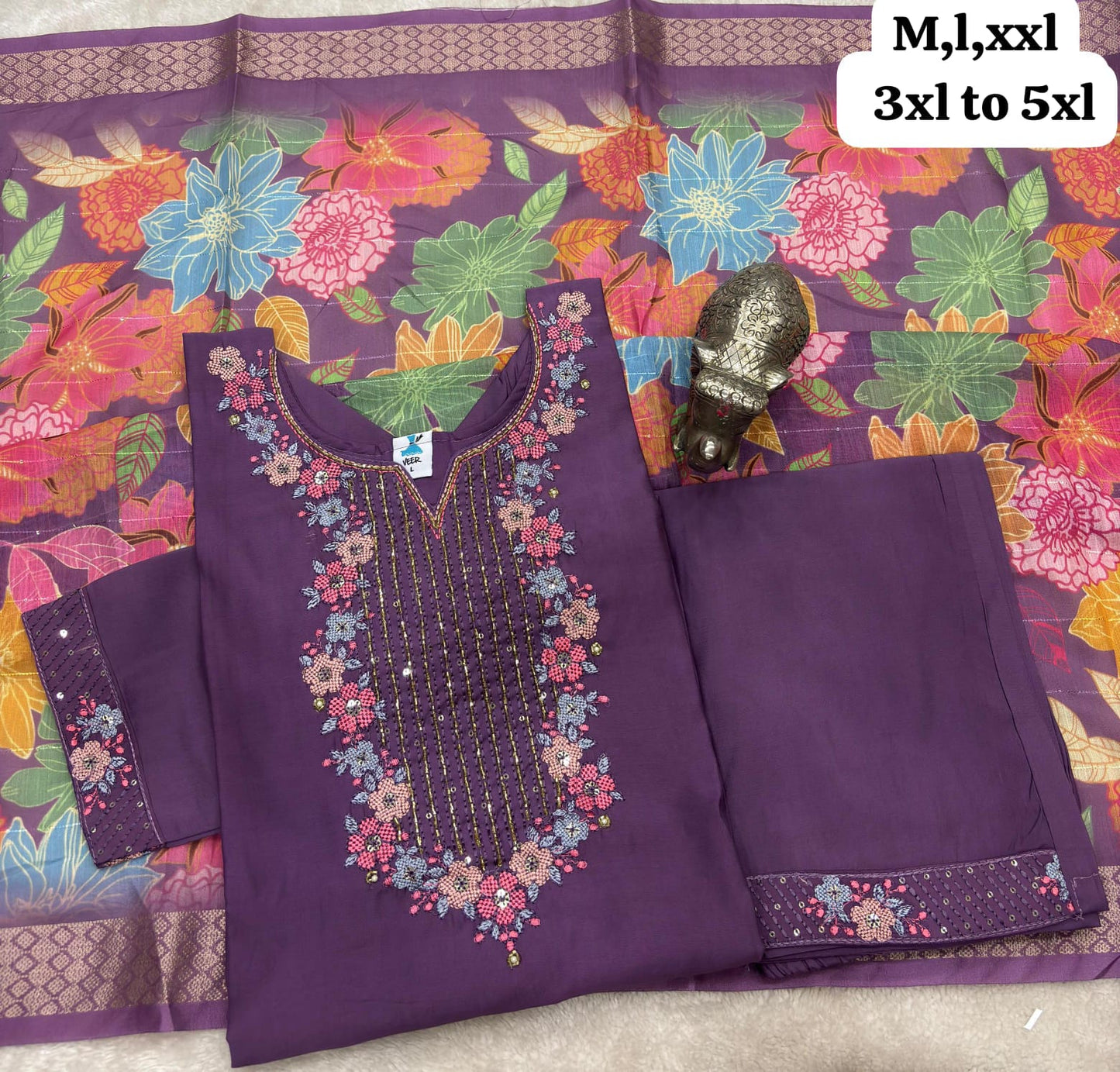 ✨ Premium Maslin V-Neck Kurti Set with Digital Dupatta & Pants ✨