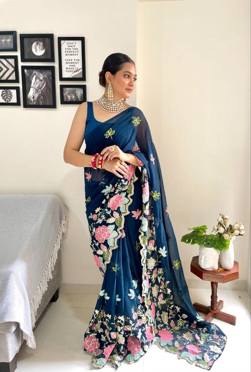 Designer Floral Sequin & Multicolor Embroidered Soft Georgette Saree