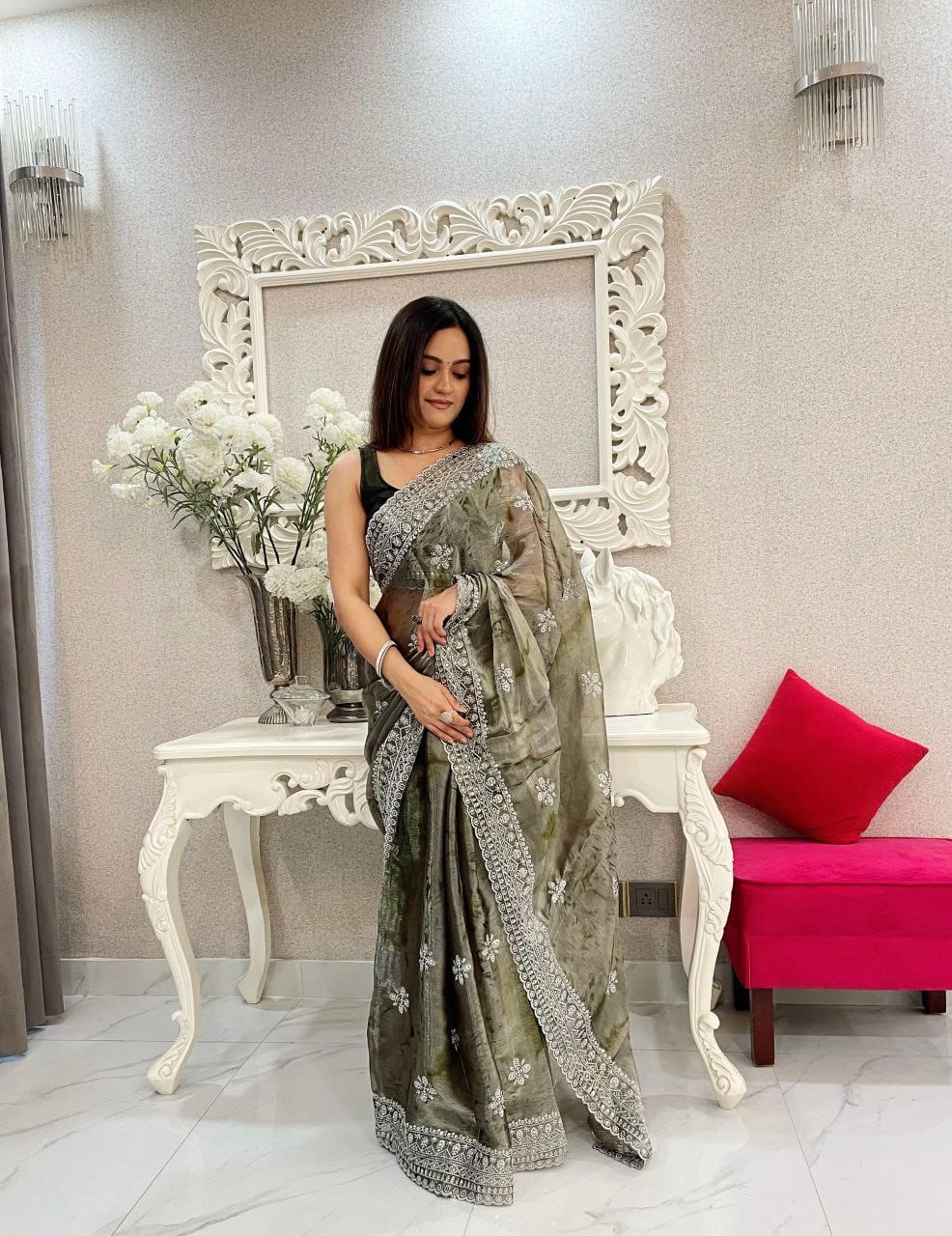 Burberry Spray Print Designer Saree with 3mm Sequence Work