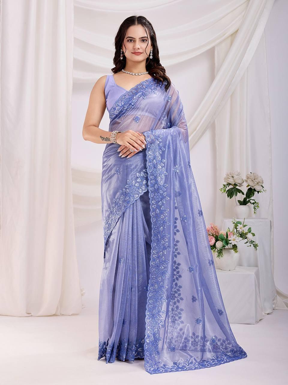 Cocktail Party Wear Twill Net Saree with Sequins Embroidery and Digital Print