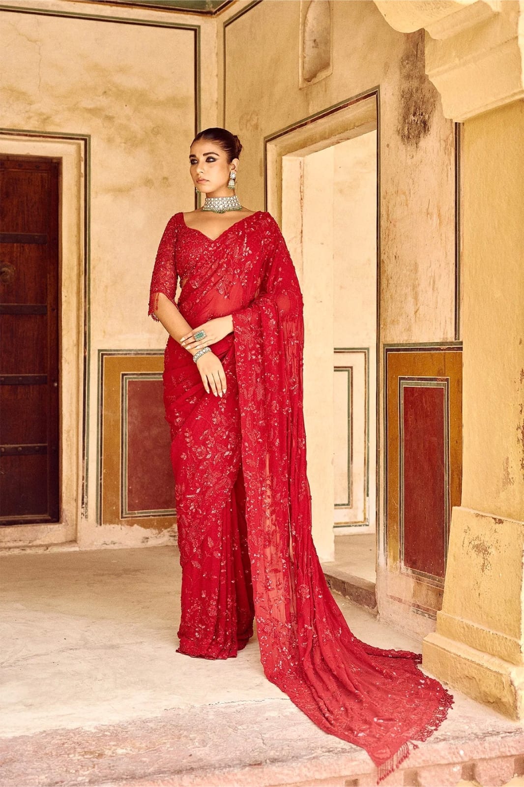 Bollywood Blockbuster Designer Georgette Saree with Heavy Sequins Work