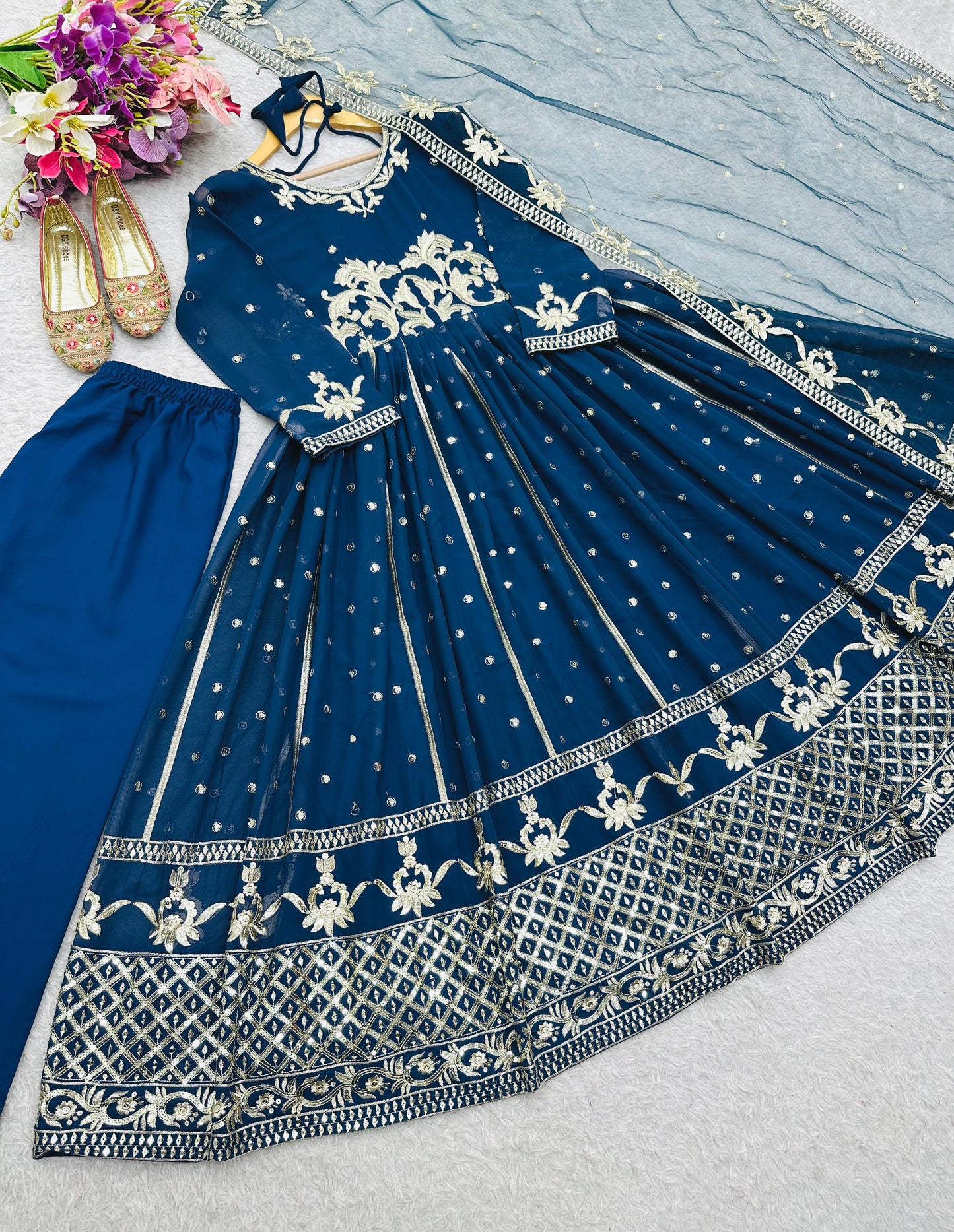 🌟 Heavy Pure Fox Georgette Embroidered Gown Set (Fully Stitched – 3pc Set)