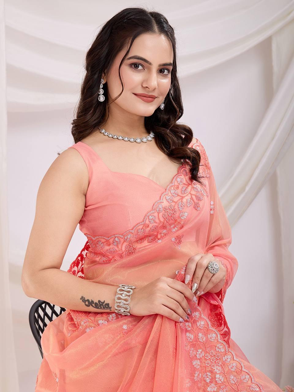 Cocktail Party Wear Twill Net Saree with Sequins Embroidery and Digital Print