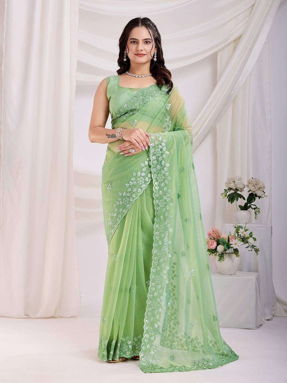 Cocktail Party Wear Twill Net Saree with Sequins Embroidery and Digital Print