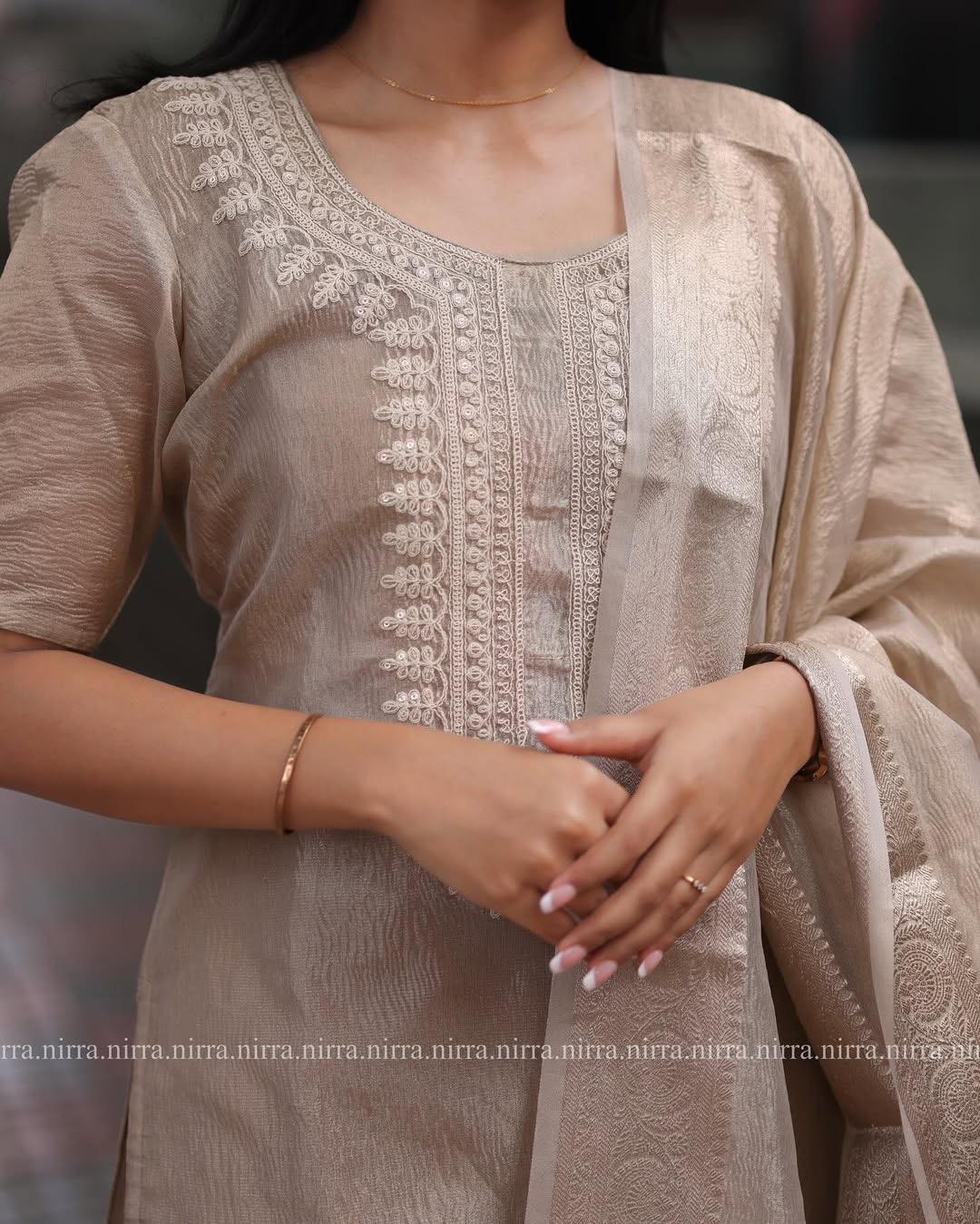 🌟 Subtle Elegance - Light Brown Embroidered Kurta Set with Foil Work Dupatta 🌟