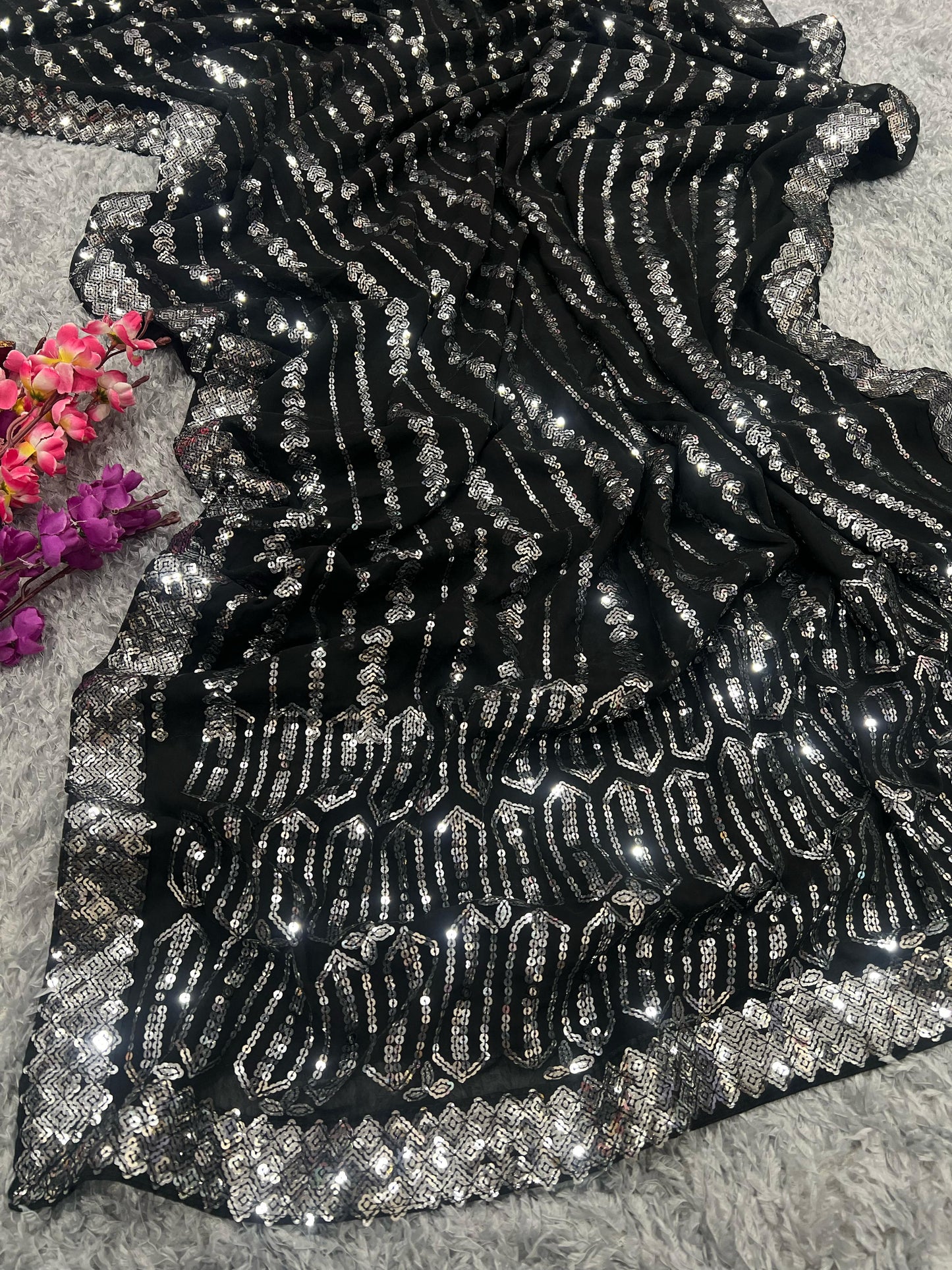 Premium Silver Sequin Embroidered Georgette Saree with Mono Banglori Blouse