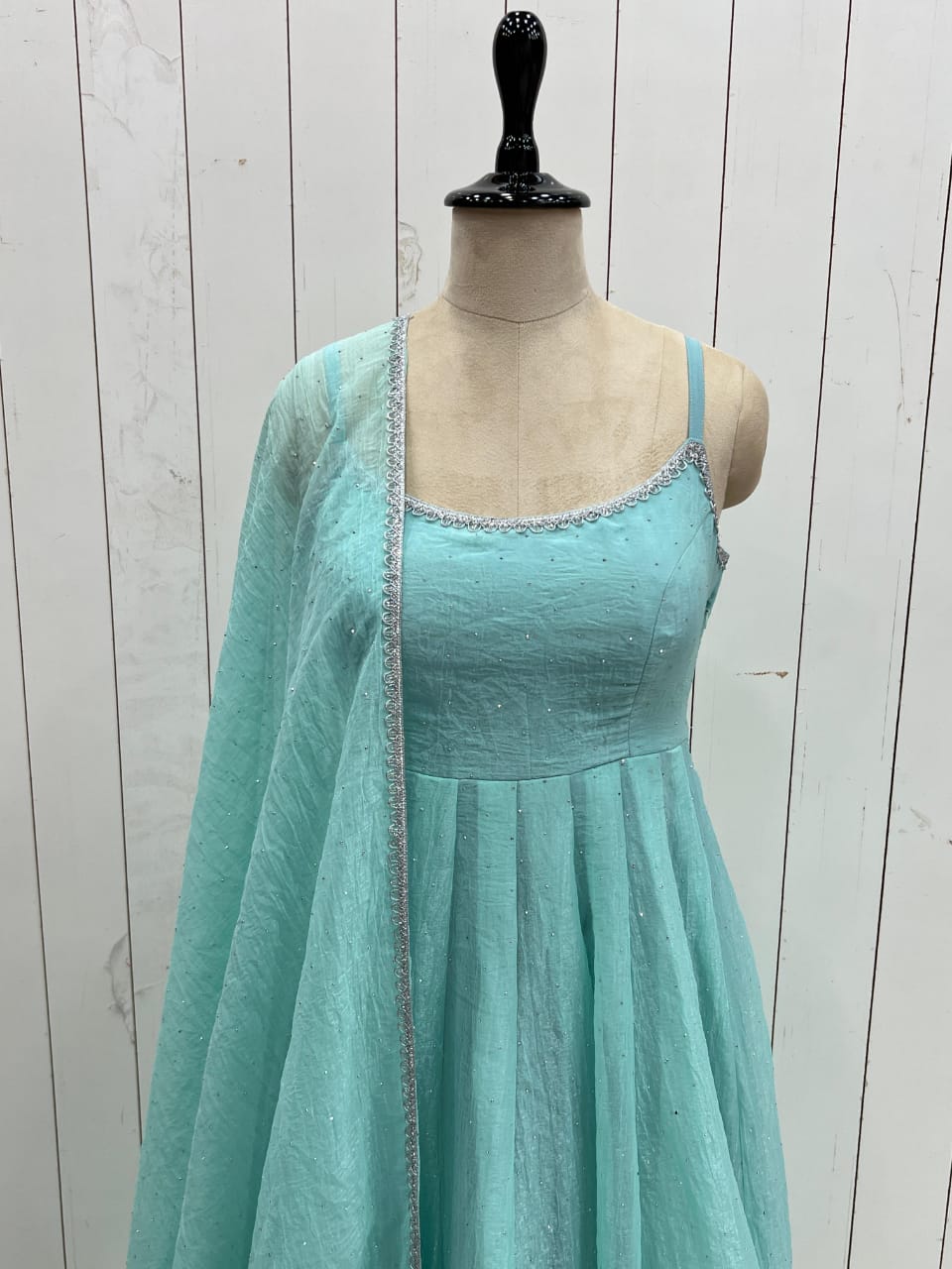 ✨ Elegant Crunchy Silk Anarkali Gown Set with Siroksi Work – Ready to Wear