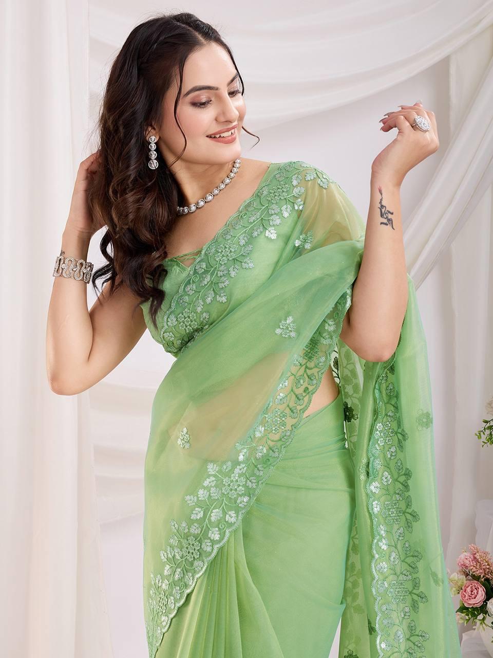 Cocktail Party Wear Twill Net Saree with Sequins Embroidery and Digital Print