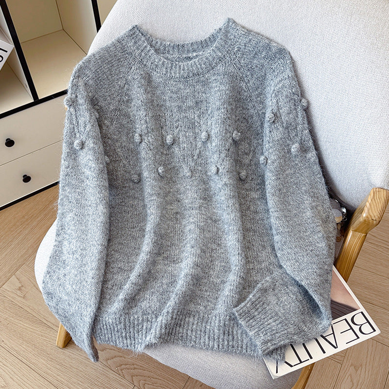 Soft Knit Sweater with Pom-Poms, Round Neck
