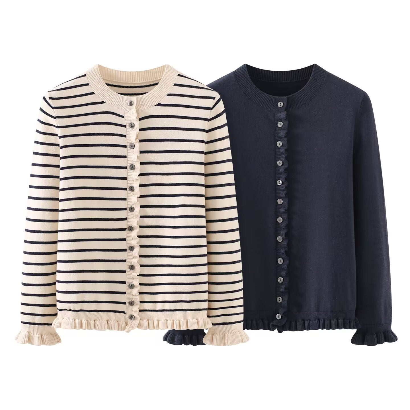 Stacked decorative round neck long sleeved knitted jacket