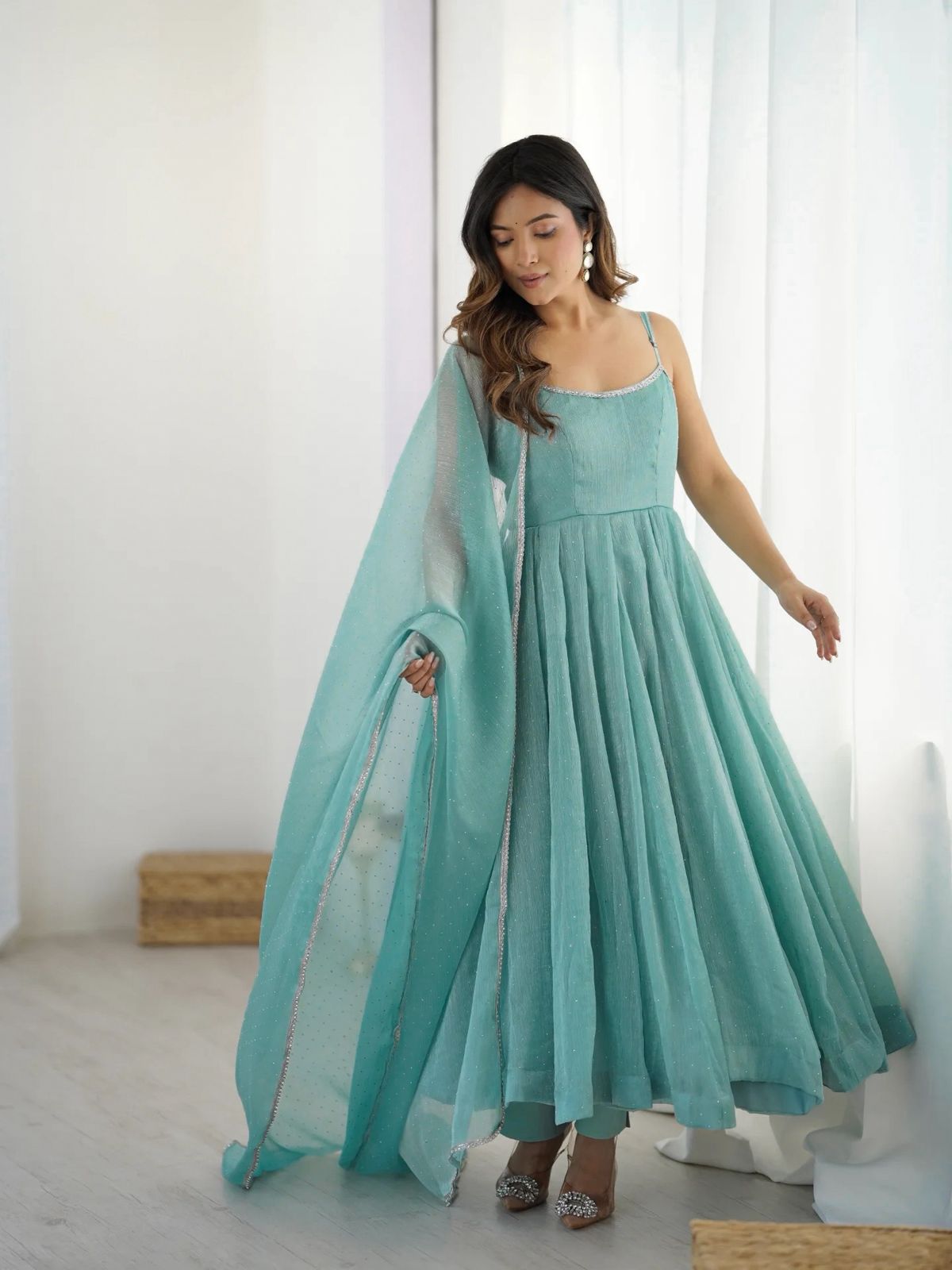 ✨ Elegant Crunchy Silk Anarkali Gown Set with Siroksi Work – Ready to Wear