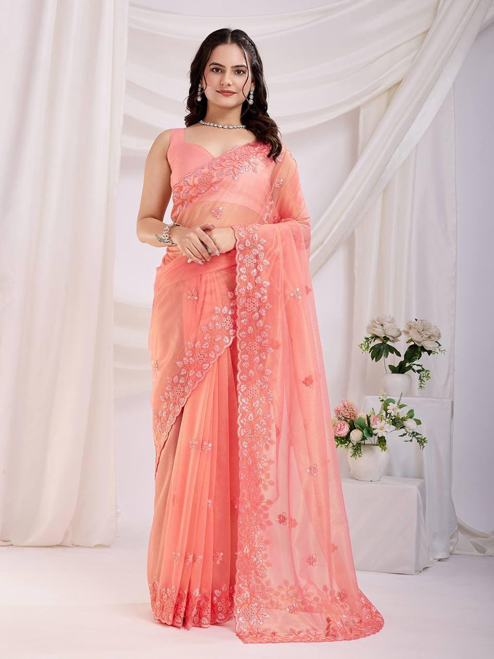 Cocktail Party Wear Twill Net Saree with Sequins Embroidery and Digital Print