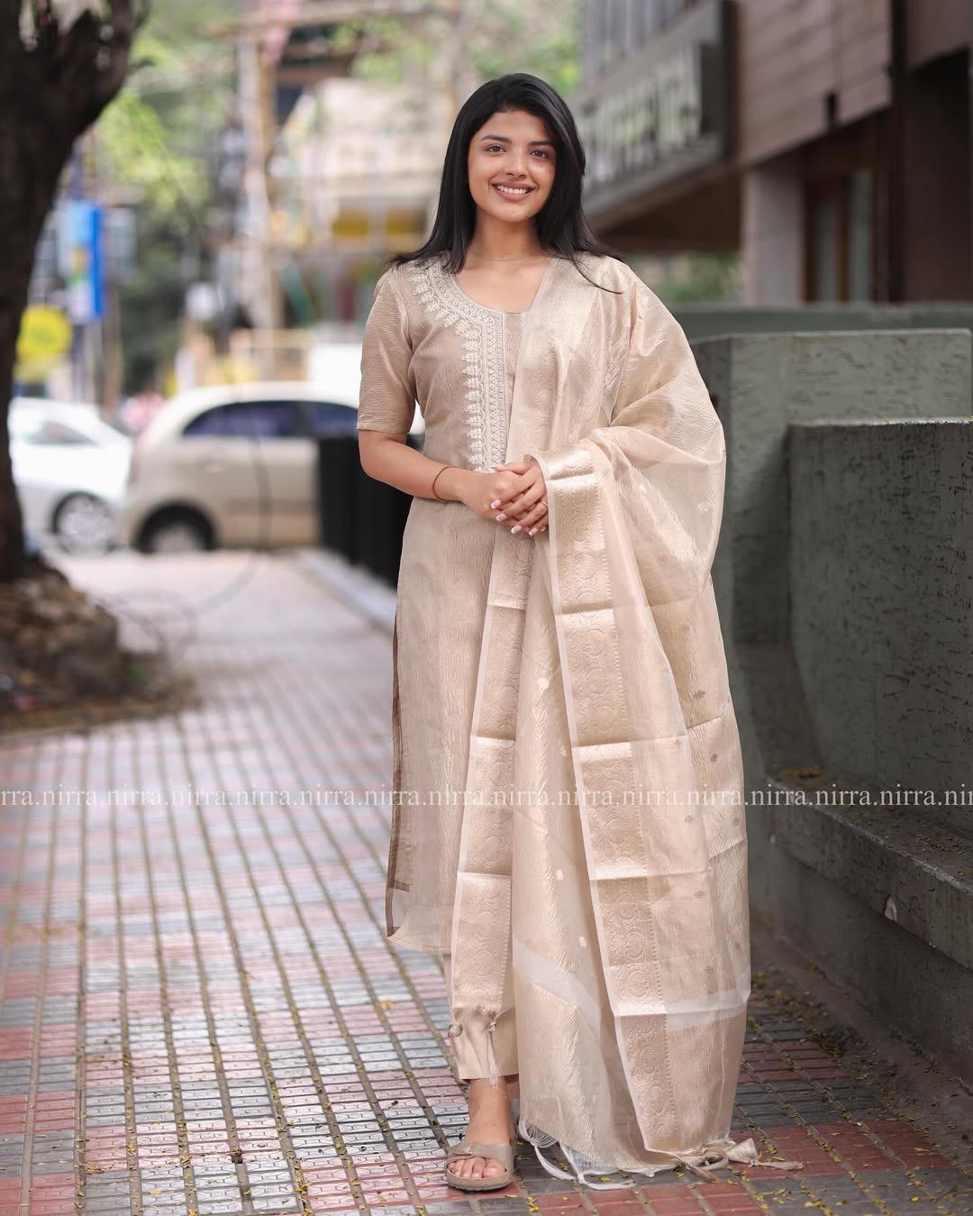 🌟 Subtle Elegance - Light Brown Embroidered Kurta Set with Foil Work Dupatta 🌟