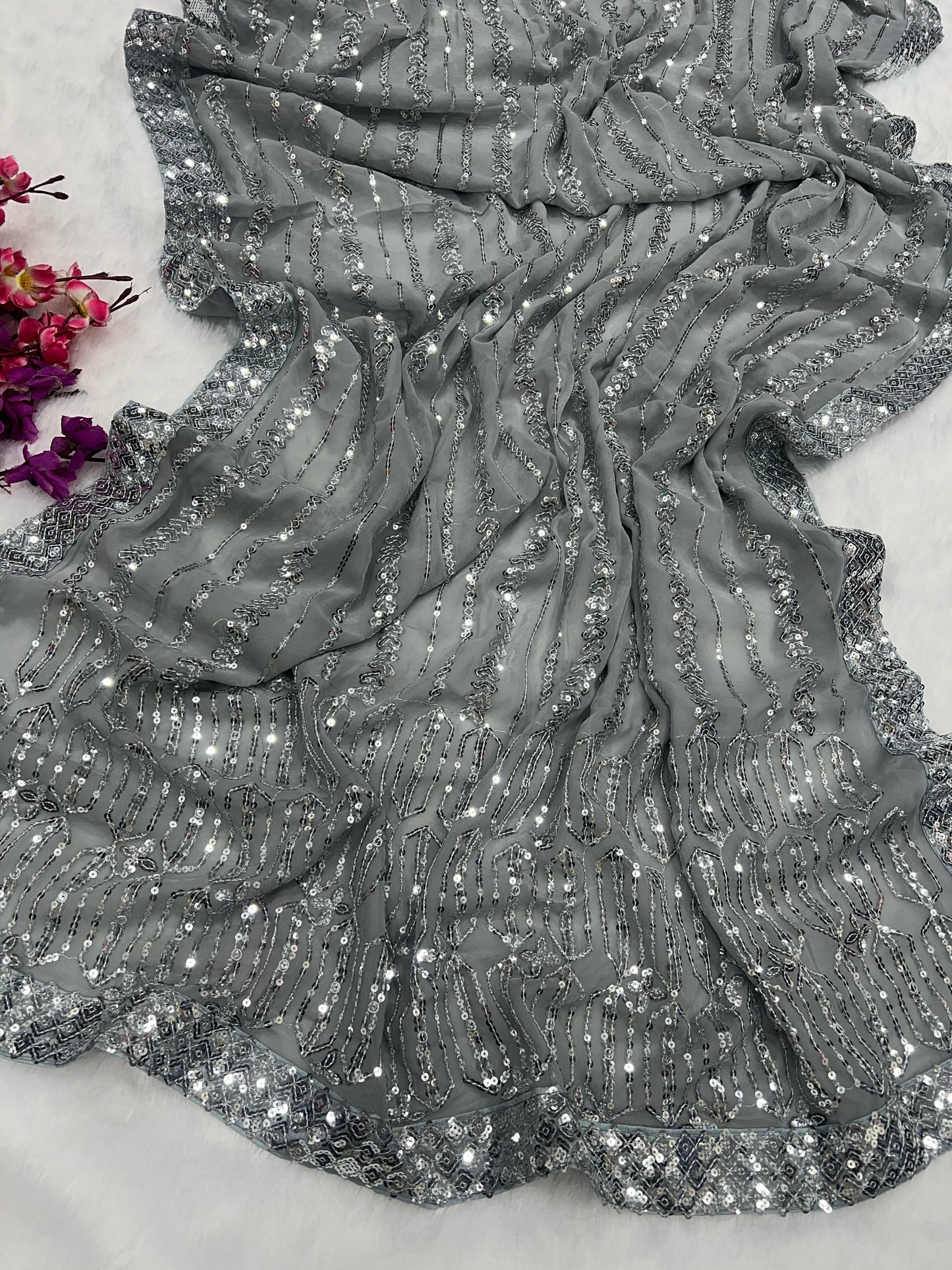 Premium Silver Sequin Embroidered Georgette Saree with Mono Banglori Blouse