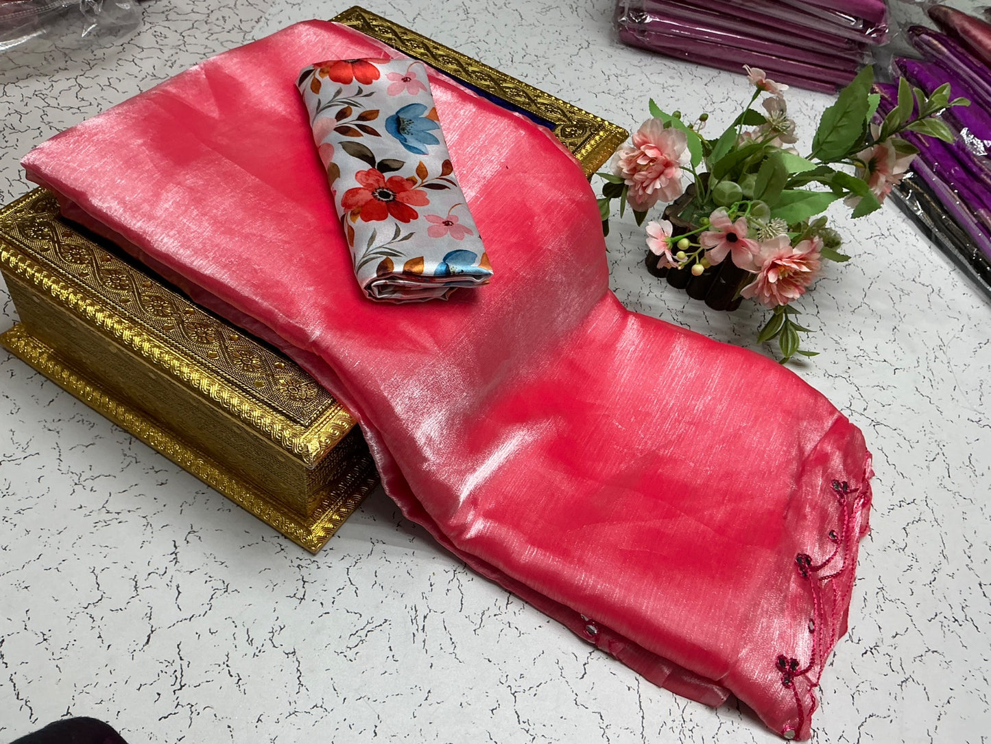 Plain Tissue Soft Silk Saree with Border Chamki Work & Garden Blouse