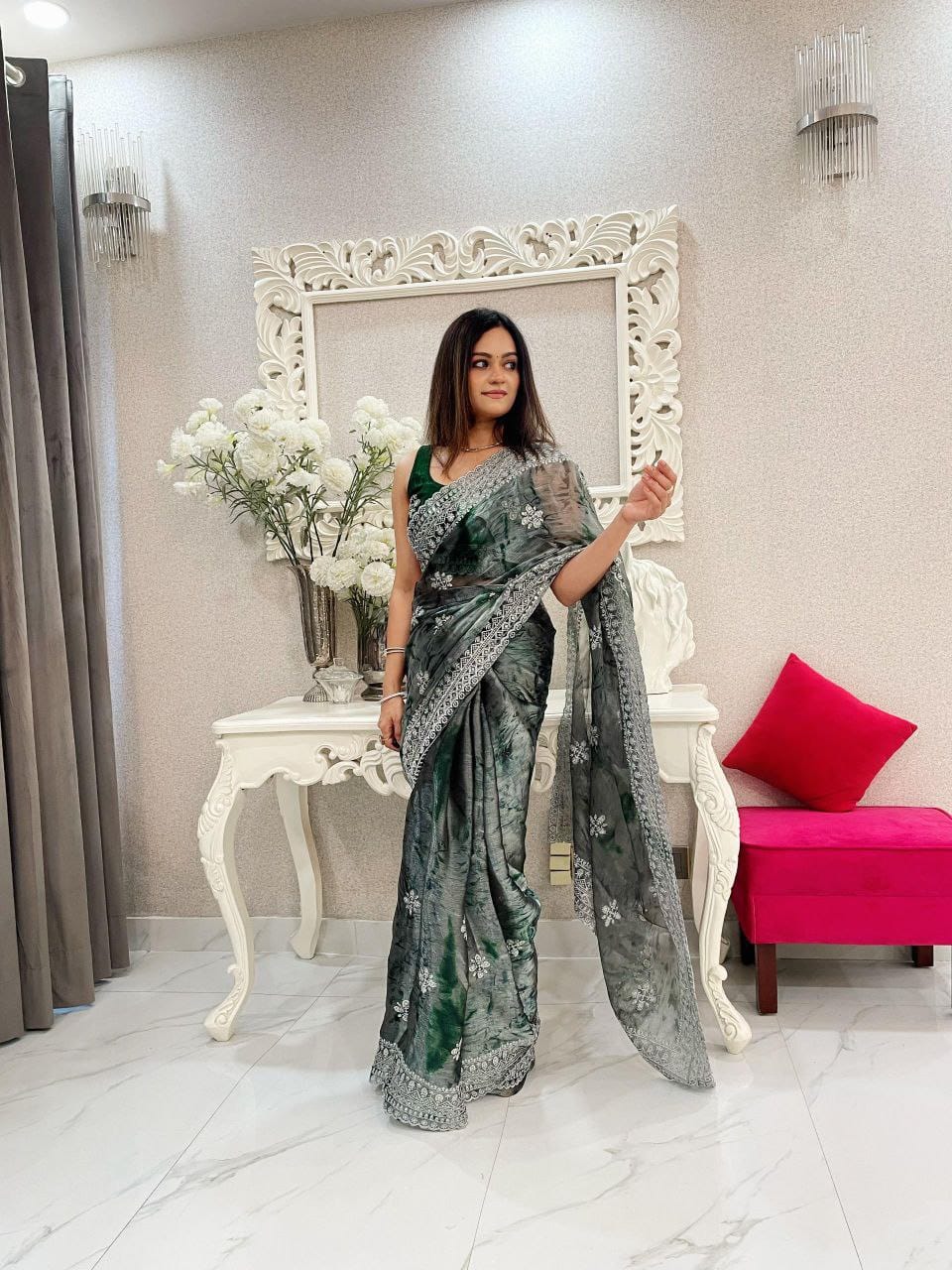 Burberry Spray Print Designer Saree with 3mm Sequence Work