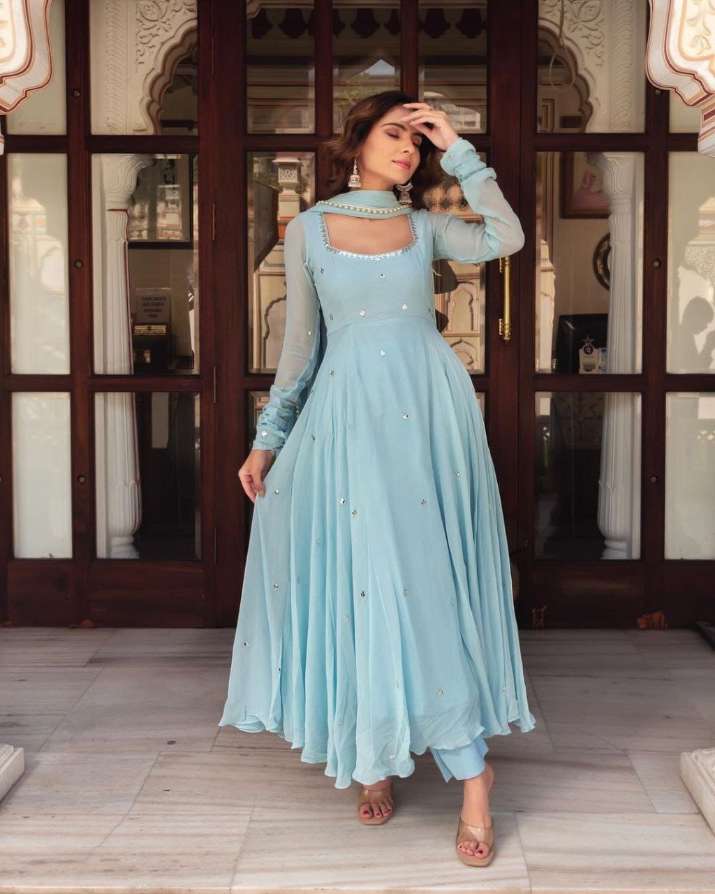 💙✨ Sky Blue Handwork Anarkali Suit Set – Fox Georgette Elegance