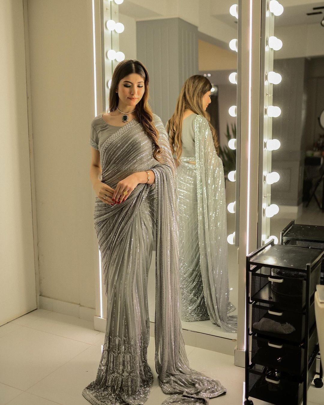 Premium Silver Sequin Embroidered Georgette Saree with Mono Banglori Blouse