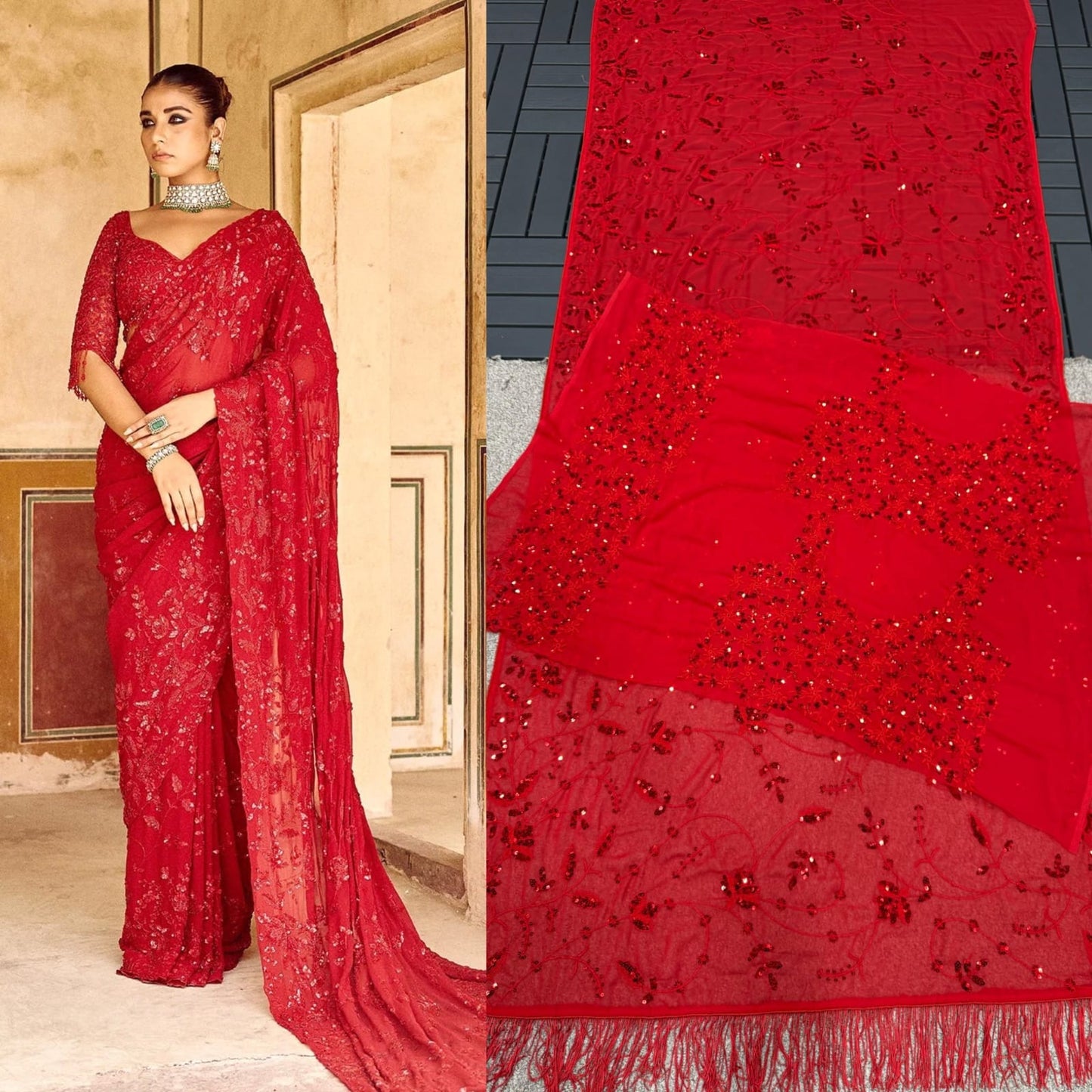 Bollywood Blockbuster Designer Georgette Saree with Heavy Sequins Work