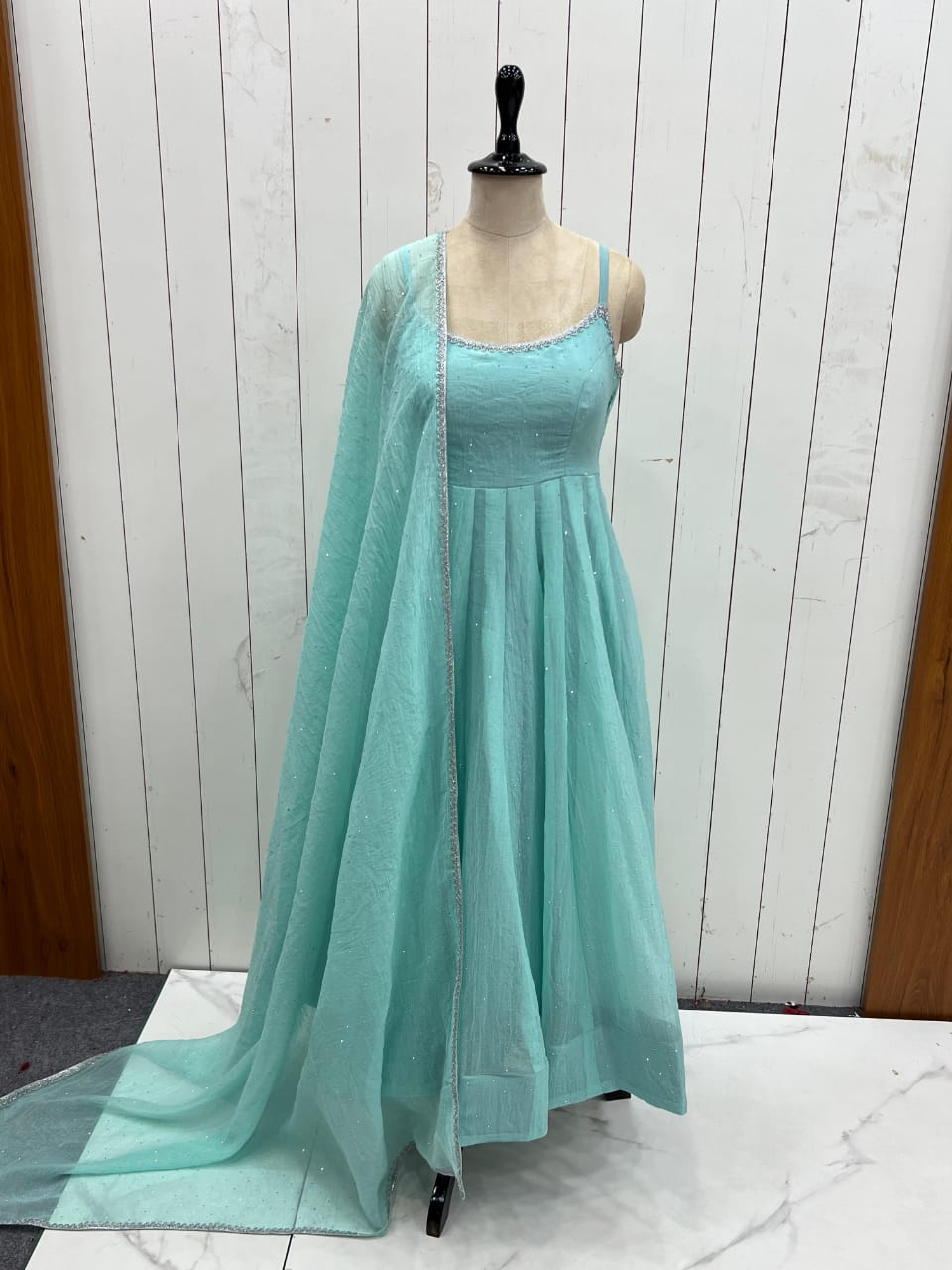 ✨ Elegant Crunchy Silk Anarkali Gown Set with Siroksi Work – Ready to Wear