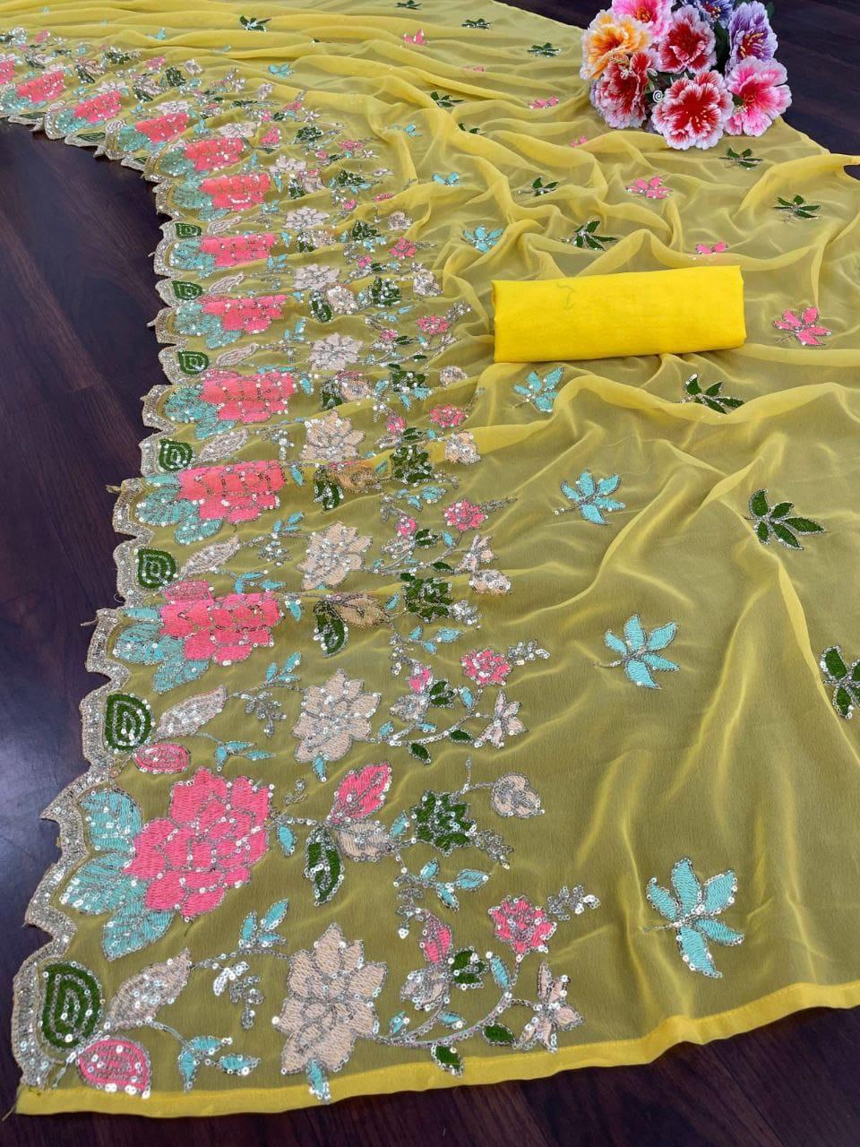Designer Floral Sequin & Multicolor Embroidered Soft Georgette Saree